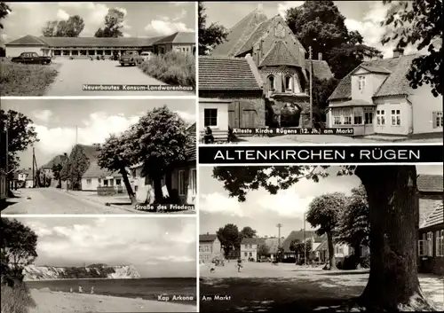 Ak Altenkirchen auf Rügen, Am Markt, Älteste Kirche Rügens, Konsum Landwarenhaus, Kap Arkona