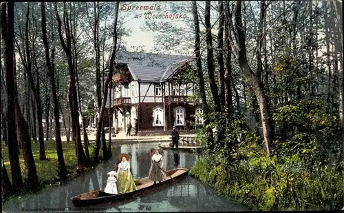 Ak Lübbenau im Spreewald, Spreewaldkahn, Frauen in Tracht, Wotschofska