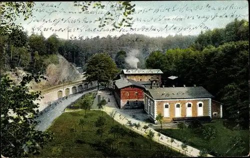 Ak Rabenau im Erzgebirge Sachsen, Partie an der Weisseritz, Bahnhof, Schienen, Fabrik, Wald