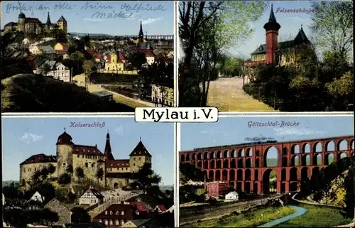 Ak Mylau Reichenbach im Vogtland, Teilansicht, Felsenschänke, Kaiserschloss, Göltzschtalbrücke