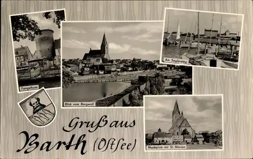Ak Barth an der Ostsee, Fangelturm, Seglersteg, Marktplatz, St. Marien, Wappen