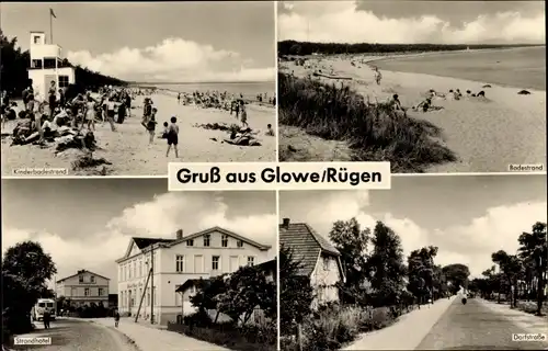 Ak Glowe auf Rügen, Kinderbadestrand, Strandhotel, Dorfstraße