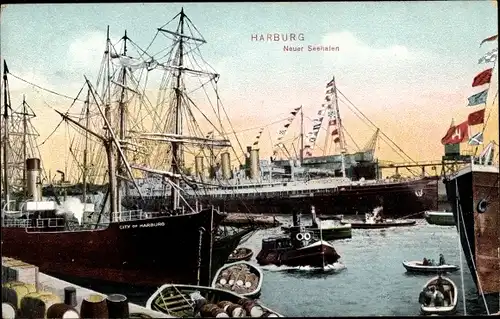 Ak Hamburg Harburg, Neuer Seehafen, Dampfer, Boote