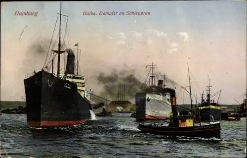 Ak Hamburg, Hafen, Dampfer im Schlepptau, Schlepper Fairplay II