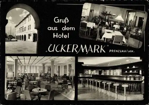 Ak Prenzlau in der Uckermark, Hotel Uckermark mit Einblick in die Säle, Bar