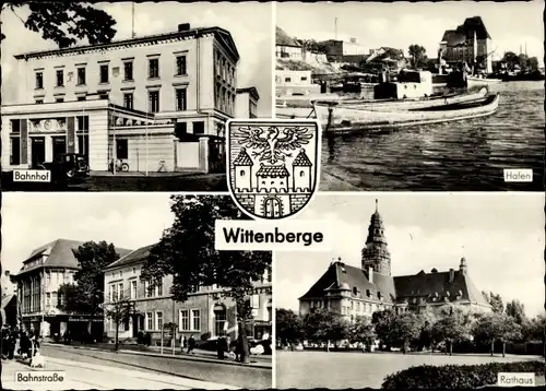 Ak Wittenberge an der Elbe Prignitz, Hafen, Rathaus, Bahnstraße, Bahnhof Straßenseite, Wappen