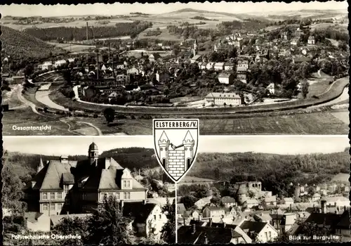 Ak Elsterberg im Vogtland, Wappen, Gesamtansicht, Polytechnische Oberschule, Blick zur Burgruine