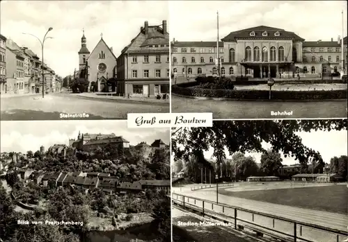 Ak Bautzen in der Oberlausitz, Steinstraße, Bahnhof, Stadion Müllerwiese, Blick vom Preitschenberg