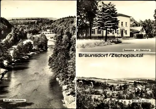 Ak Braunsdorf Niederwiesa Sachsen, Gaststätte am Bahnhof, Panorama, Blick vom Harrasfelsen