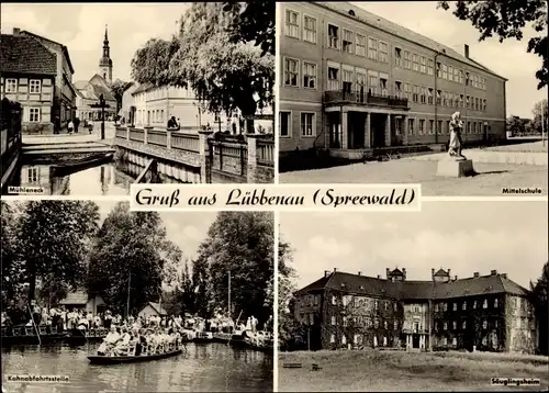 Ak Lübbenau im Spreewald, Säuglingsheim, Mittelschule, Mühleneck, Kahnabfahrtsstelle
