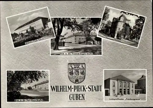 Wappen Ak Guben in der Niederlausitz, Fr. Engels Str., Lichtspieltheater Friedensgrenze