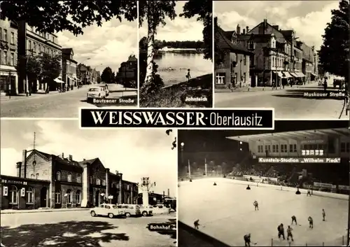 Ak Weißwasser in der Oberlausitz, Bautzener Straße, Kunsteis Stadion Wilhelm Pieck, Eishockeyspiel