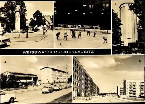 Ak Weißwasser Oberlausitz, Wohnkomplex, Wasserturm, Kunsteisstadion Wilhelm Pieck, Eishockey
