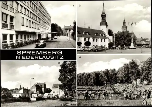 Ak Spremberg in der Lausitz, Poliklinik, Marktplatz, Freibad, Busbahnhof, Kirche