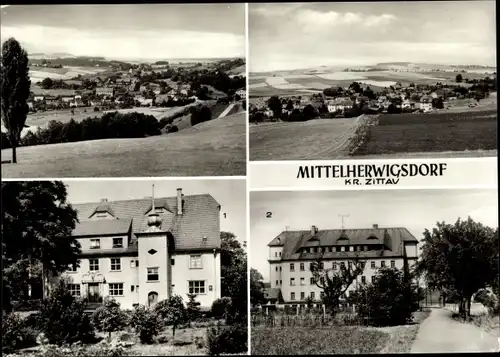 Ak Mittelherwigsdorf Oberlausitz, Gesamtansicht, Gemeindeamt, Feierabendheim