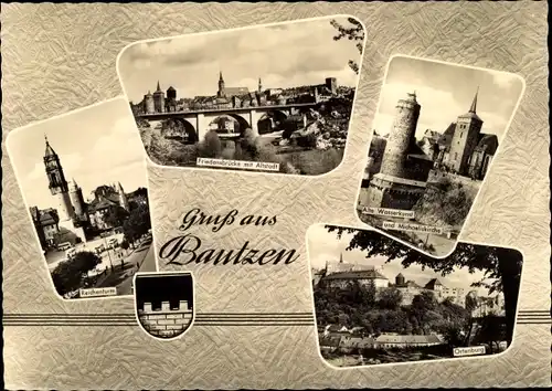 Ak Bautzen in der Oberlausitz, Wappen, Reichenturm, Friedensbrücke mit Altstadt, Alte Wasserkunst