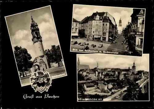 Ak Bautzen in der Oberlausitz, Wappen, Reichenturm, Friedensbrücke mit Altstadt, Reichenstraße