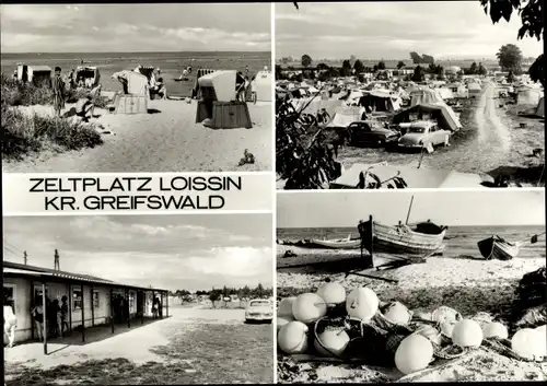 Ak Loissin in Vorpommern, Zeltplatz, Strand, Strandkorb, Boote