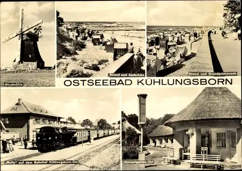 Ak Ostseebad Kühlungsborn, Windmühle, Strand, Seebrücke, Molli auf dem Bahnhof Ost, Konzertgarten