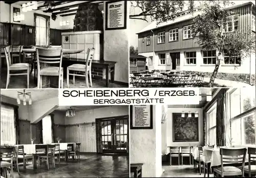 Ak Scheibenberg Erzgebirge Sachsen, Berggaststätte, Außen- und Innenansicht