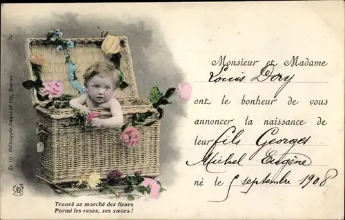 Ak Geburt, Ont le bonheur de vous annoncer la naissance de leur fils Georges, Kind im Korb