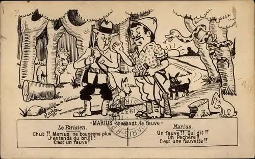 Künstler Ak Rene, Marius, chassant le fauve, le Parisien, Jagd, Schlange, Löwe