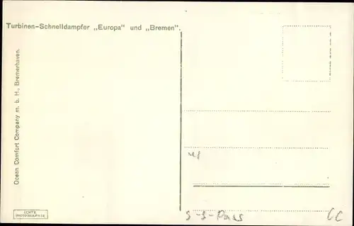 Ak Turbinen Schnelldampfer Europa und Bremen, Norddeutscher Lloyd Bremen