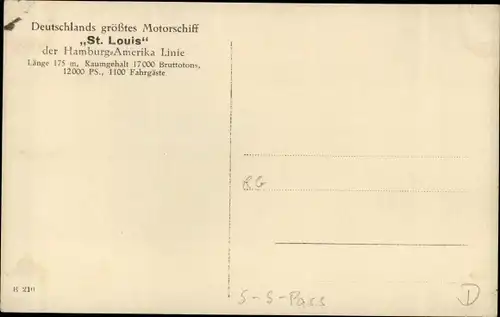 Ak Dampfer St. Louis, Hamburg Amerika Linie, HAPAG