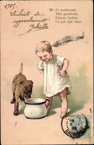 Präge Litho Et maitnenant, tres gentiment, Kind mit Nachttopf, Hund