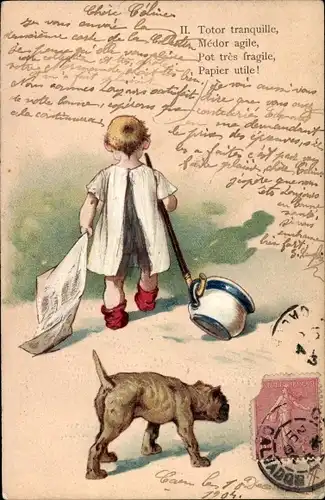 Präge Litho Totor tranquille, Medor agile, Kind mit Nachttopf, Hund