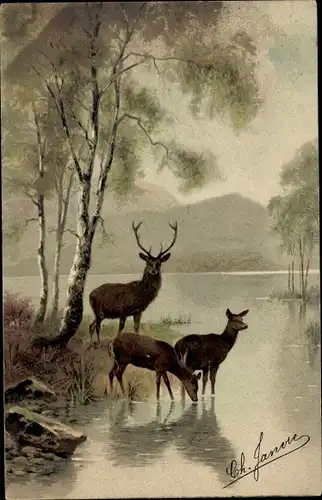 Künstler Ak Wald Idyll, Hirsche am Wasser, Berge