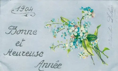 Glitzer Ak Glückwunsch Neujahr, Vergissmeinnicht, Jahreszahl 1904