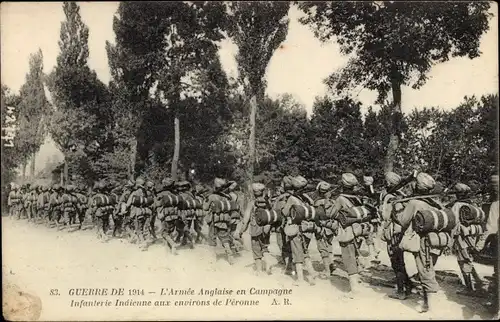 Ak Guerre de 1914, l'Armée anglaise, Infanterie Indienne aux environs de Péronne