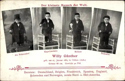 Ak Der kleinste Mensch der Welt, Willy Günther, Reiseonkel, Kapellmeister, Kellner, Bummler