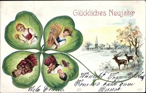 Ak Glückwunsch Neujahr, Kleeblatt, Jahreszeiten Allegorien