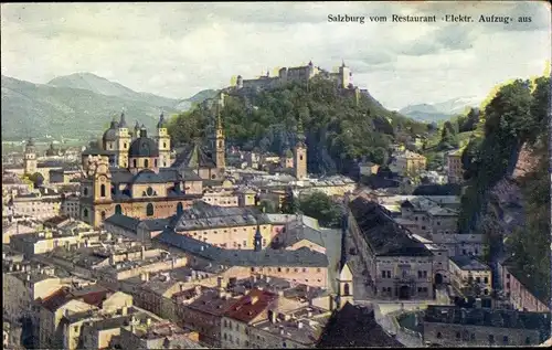 Ak Salzburg in Österreich, Stadt vom Restaurant Elektrischer Aufzug aus gesehen