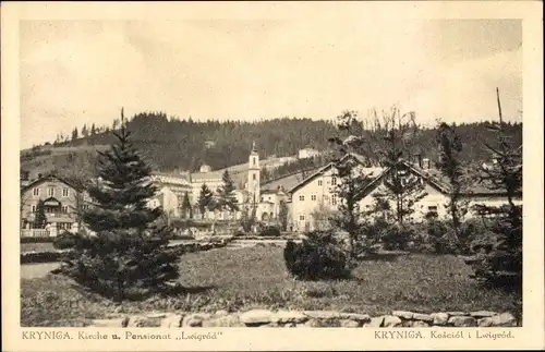 Ak Krynica Zdrój Polen, Kirche und Pensionat Lwigrod