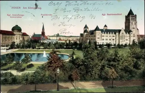 Ak Poznań Posen, Am Königsring, Kgl. Ansiedlungskommission, Paulikirche, Kgl. Residenzschloss