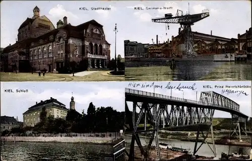 Ak Kiel in Schleswig Holstein, Stadttheater, Germania Werft, Schloss, Prinz Heinrich Brücke