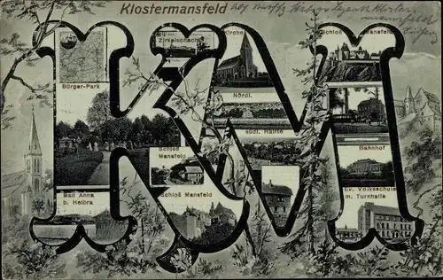 Buchstaben Ak Klostermansfeld in Sachsen Anhalt, Schloss Mansfeld, Bahnhof, Turnhalle, Bürgerpark