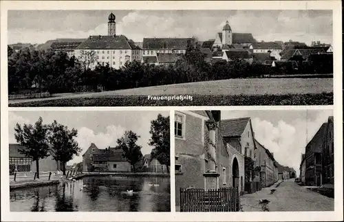 Ak Frauenprießnitz in Thüringen, Blick auf den Ort, Strassenansicht, Teich