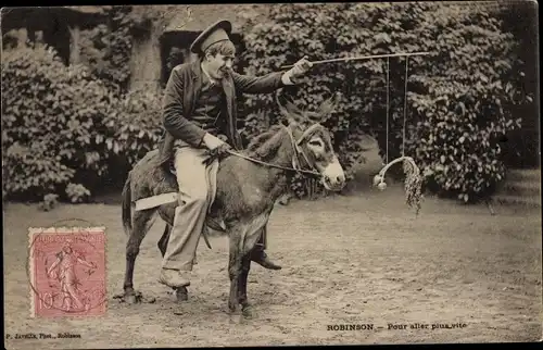 Ak Robinson, pour aller plus vite, Mann auf einem Esel