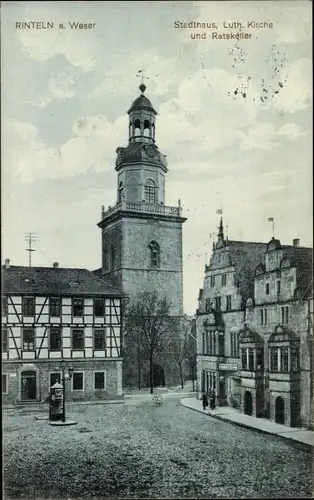 Ak Rinteln an der Weser, Stadthaus, lutherische Kirche, Ratskeller