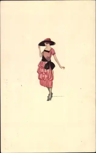 Künstler Ak Nanni, Frau in rosa Kleid mit Hut