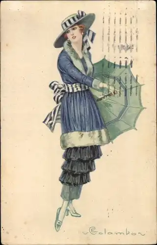 Künstler Ak Colombo, E., Frau im Mantel mit Hut und Regenschirm