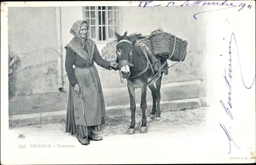 Ak Genova Genua Liguria, Costume, Frau mit Maultier