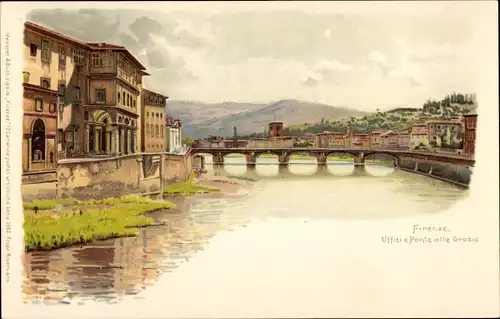 Litho Firenze Florenz Toscana, Uffizi e Ponte alle Grazie, Meissner & Buch Serie 1062