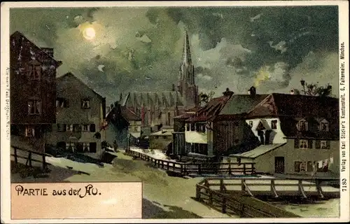 Litho Au München Bayern, Partie bei Nacht, Kirche