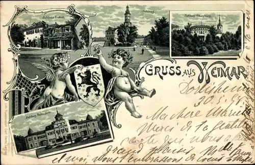 Litho Weimar in Thüringen, Schlösser Tiefurt, Ettersburg, Belvedere, Wappen