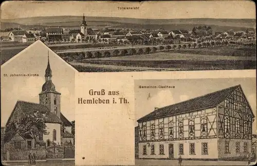 Ak Hemleben im Kyffhäuserkreis Thüringen, Gemeindegasthaus, St. Johannis Kirche, Totalansicht